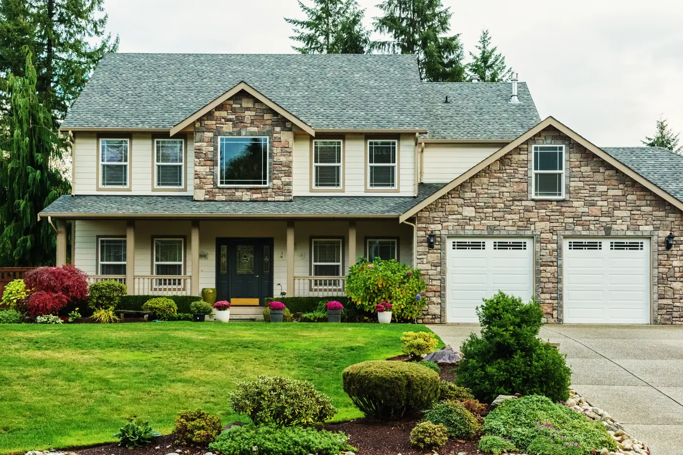American suburban home with manicured landscaping.