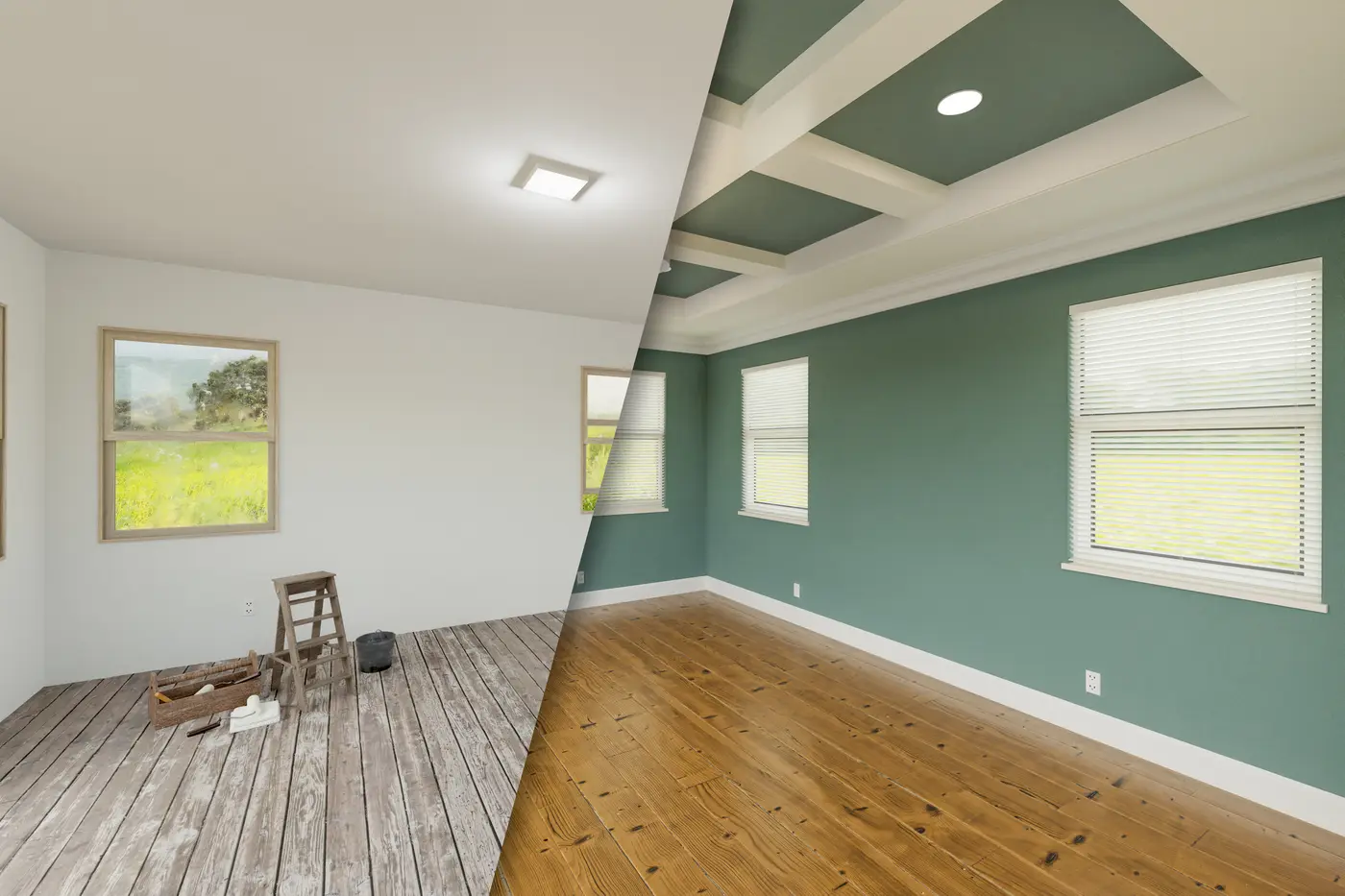 Before and after of a cozy room featuring green walls and warm wood floors, creating a welcoming atmosphere.