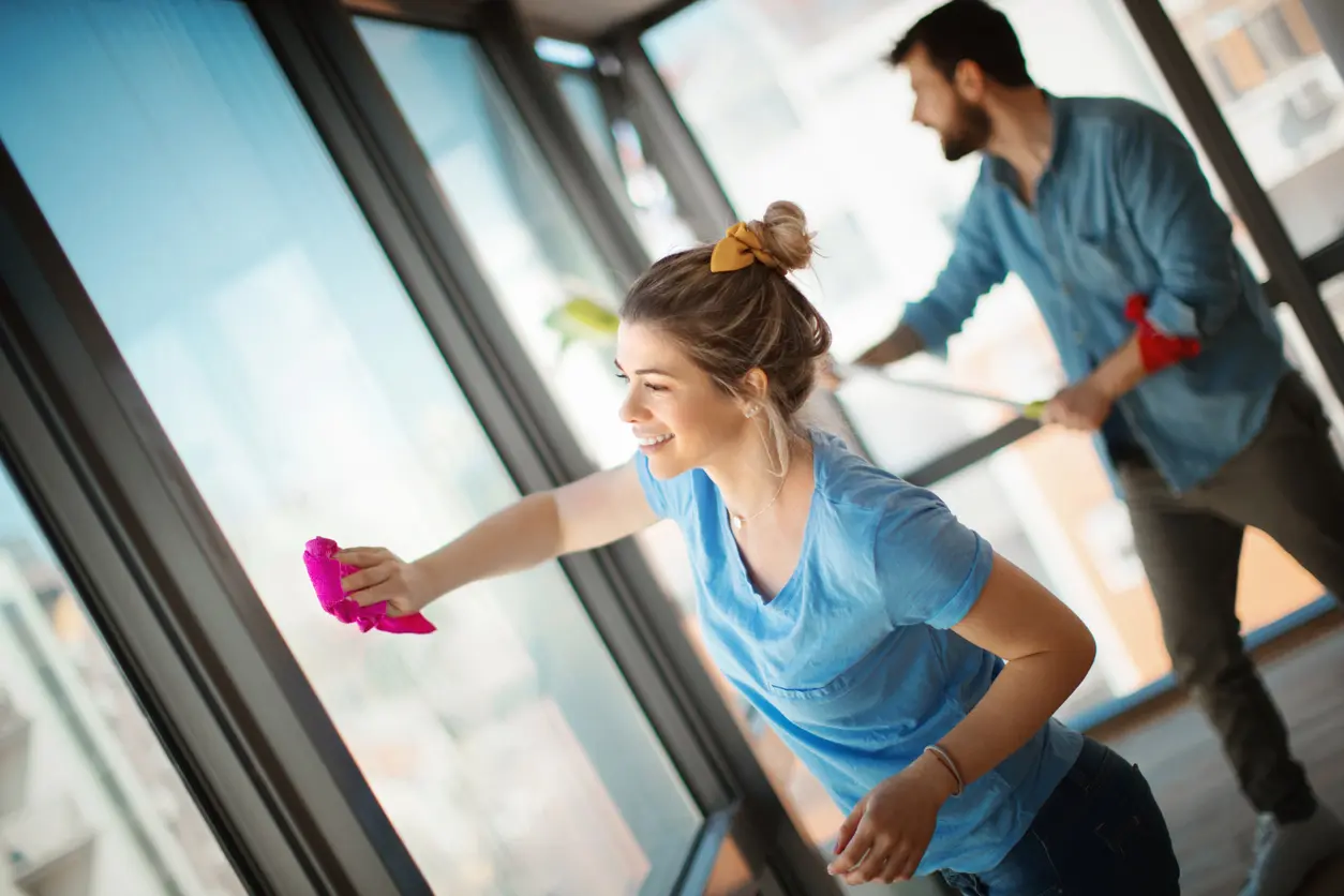 Man and woman scrubbing windows with brush. 