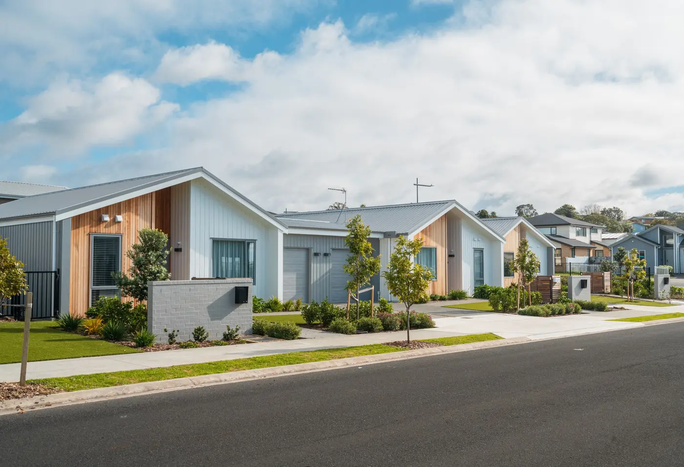 Row of single story newly developed houses.