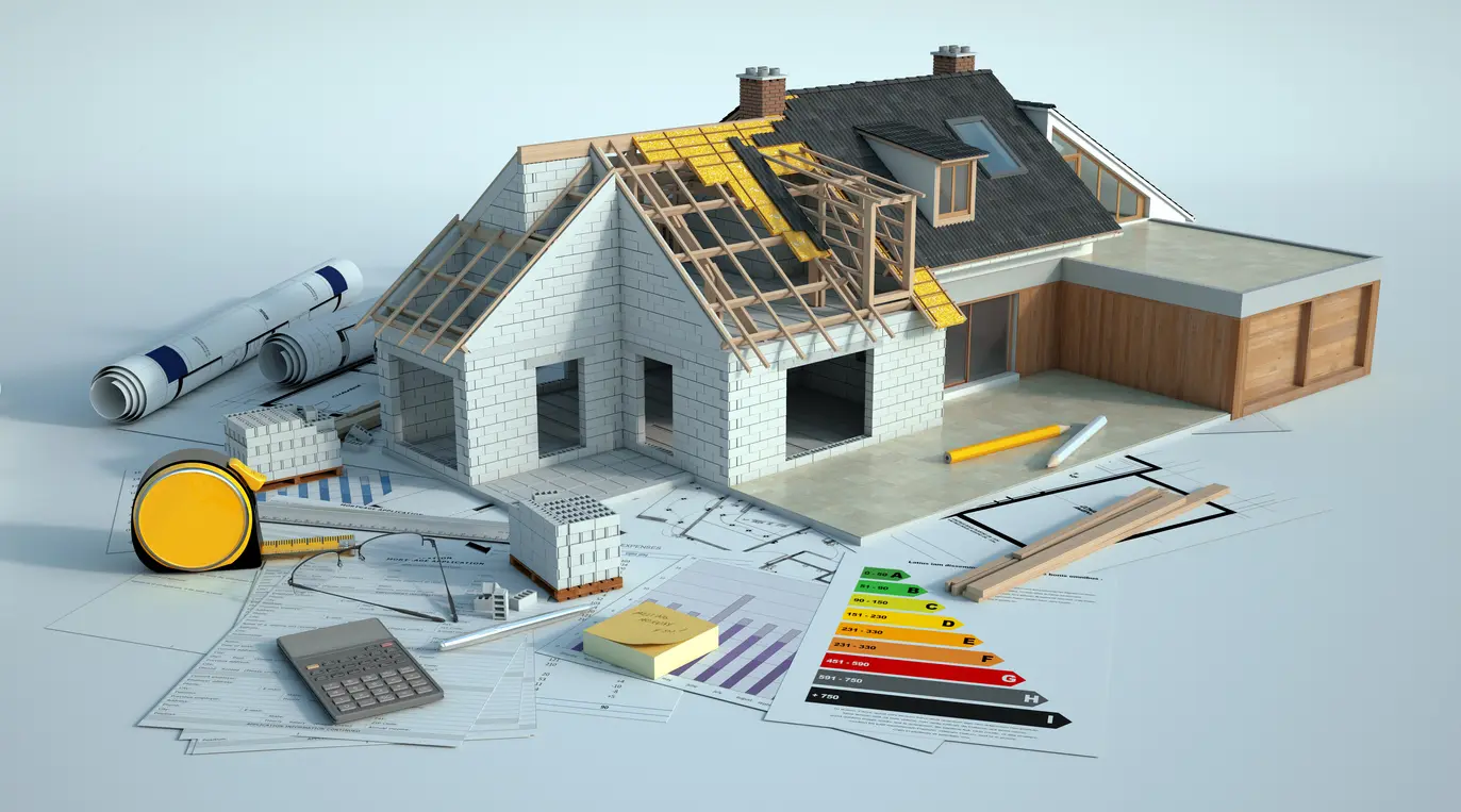 3D rendering of a house undergoing amplifying renovations with an energy chart, blueprints and other documents