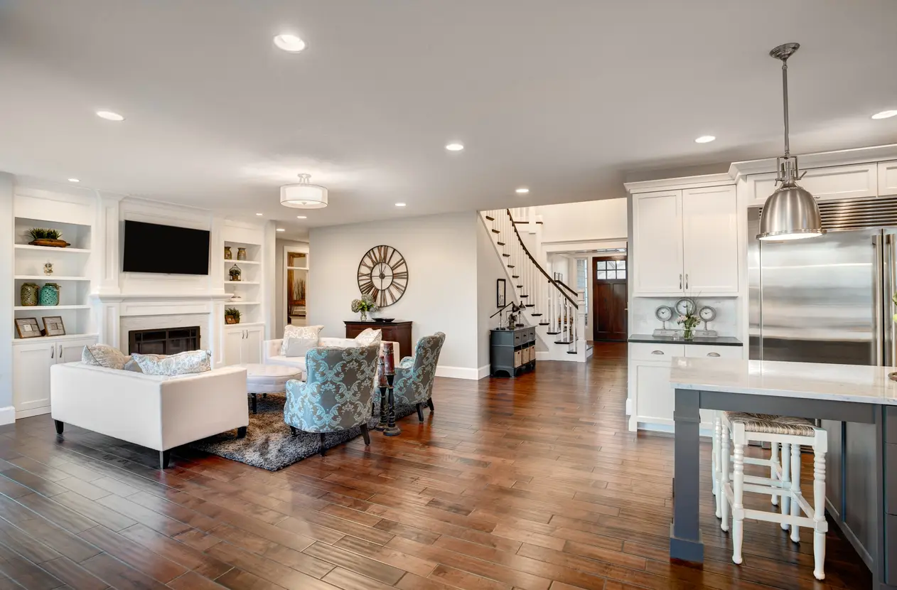 Restored Hardwood Flooring in the Kitchen and Living Room